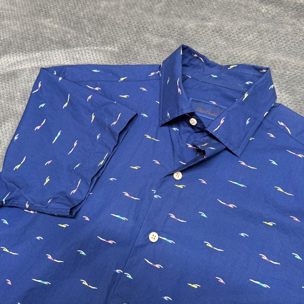 David Donahue Mens Navy Blue Swimmer Print Short Sleeve Button Down Shirt Size M